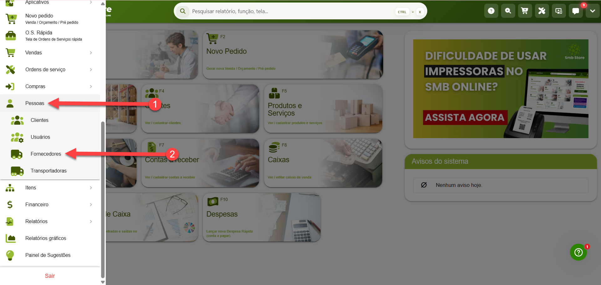 Tela inicial do sistema SMB Online mostrando o menu lateral com a opção “Pessoas” aberto, com destaque para as opções de cadastro de fornecedores.