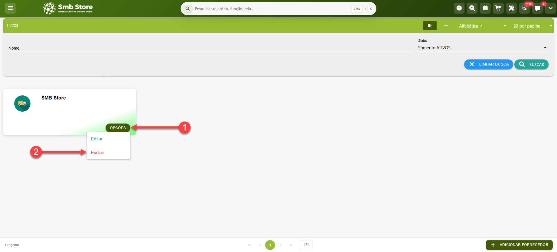 Tela do sistema SMB Store exibindo como excluir o cadastro de um fornecedor, em Pessoas > Fornecedores.