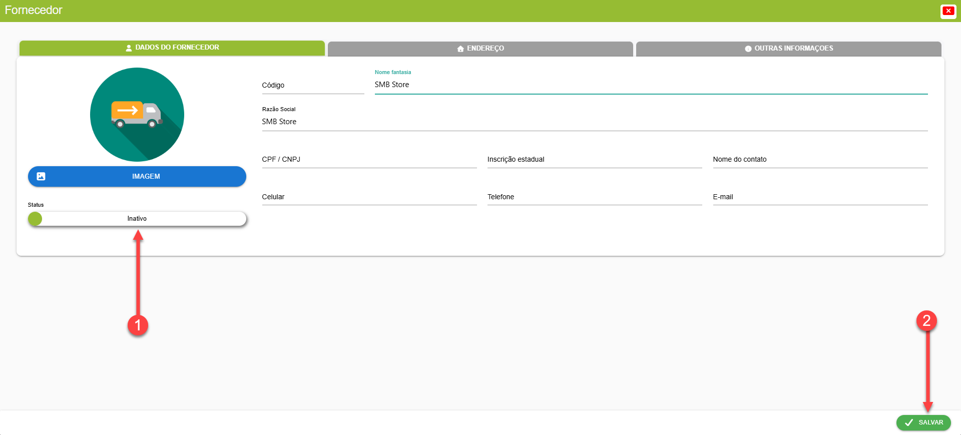 Tela do sistema SMB Store indicando como reativar o cadastro de um fornecedor, em Pessoas > Fornecedores.