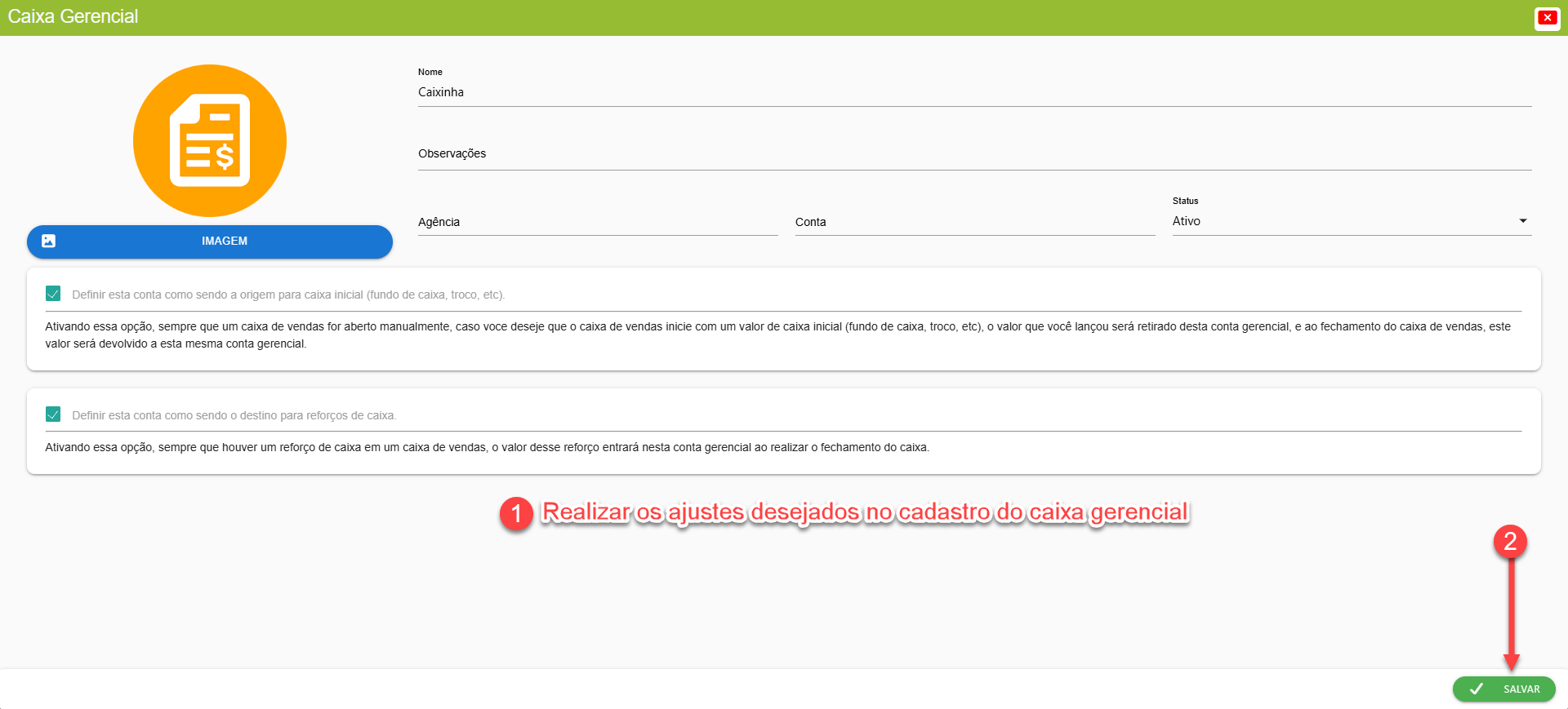 Tela do sistema SMB Store exibindo o cadastro de um caixa gerencial para a edição de informações, em Financeiro > Contas de Caixa gerencial.