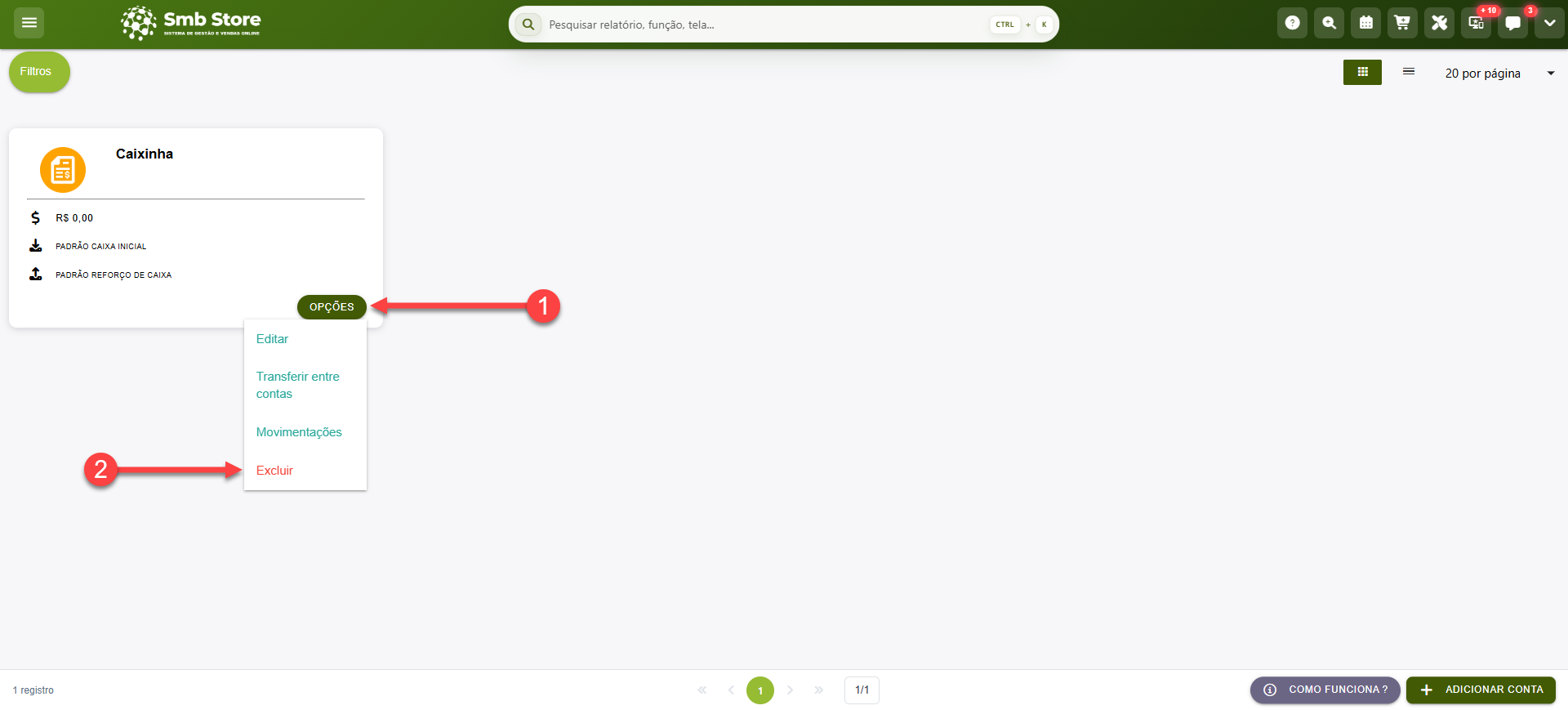 Tela do sistema SMB Store indicando como excluir um caixa gerencial, em Financeiro > Contas de Caixa gerencial.