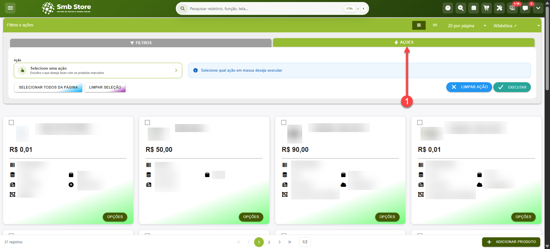 Tela do sistema SMB Store indicando a aba de ações em massa, em Itens > Produtos / Serviços.