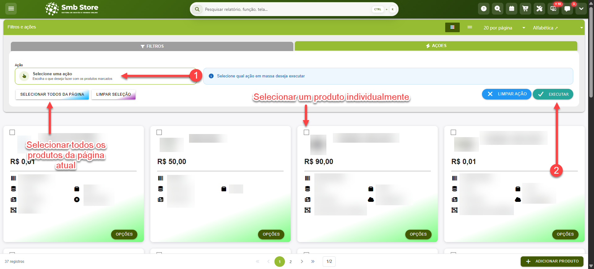 Tela do sistema SMB Store indicando os campos para seleção e execução de uma ação em massa, em Itens > Produtos / Serviços.