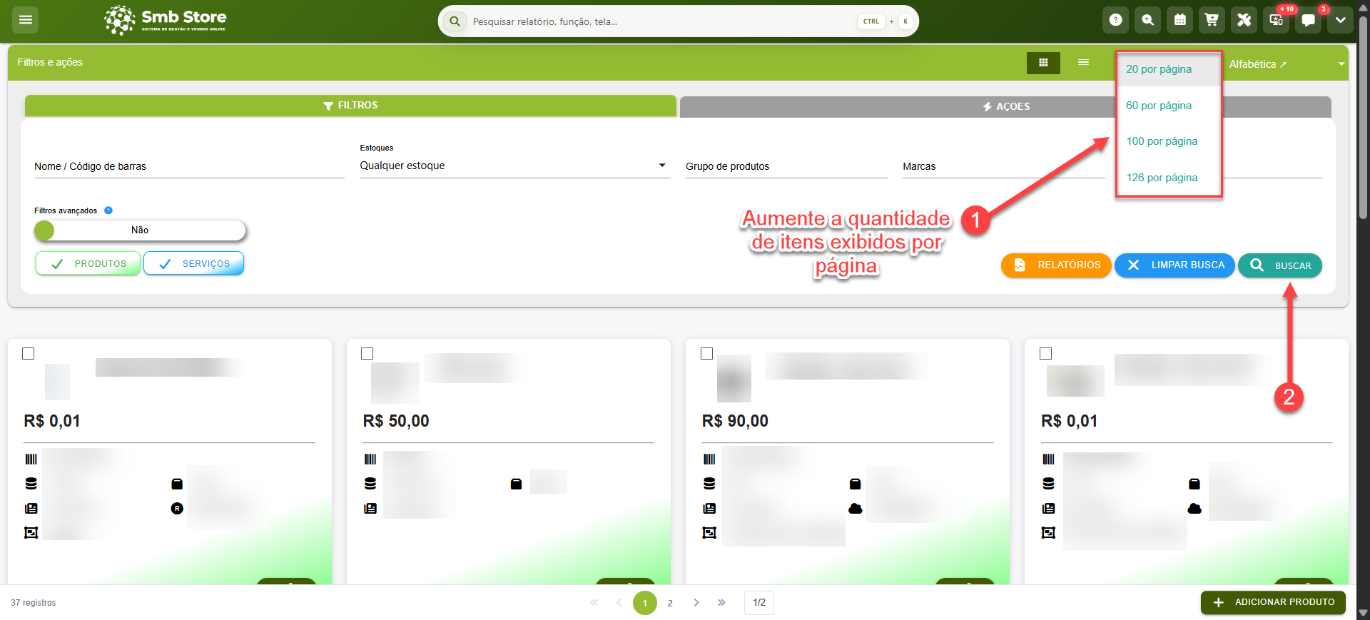 Tela do sistema SMB Store indicando como alterar a quantidade de itens exibidos por página, em Itens > Produtos / Serviços.