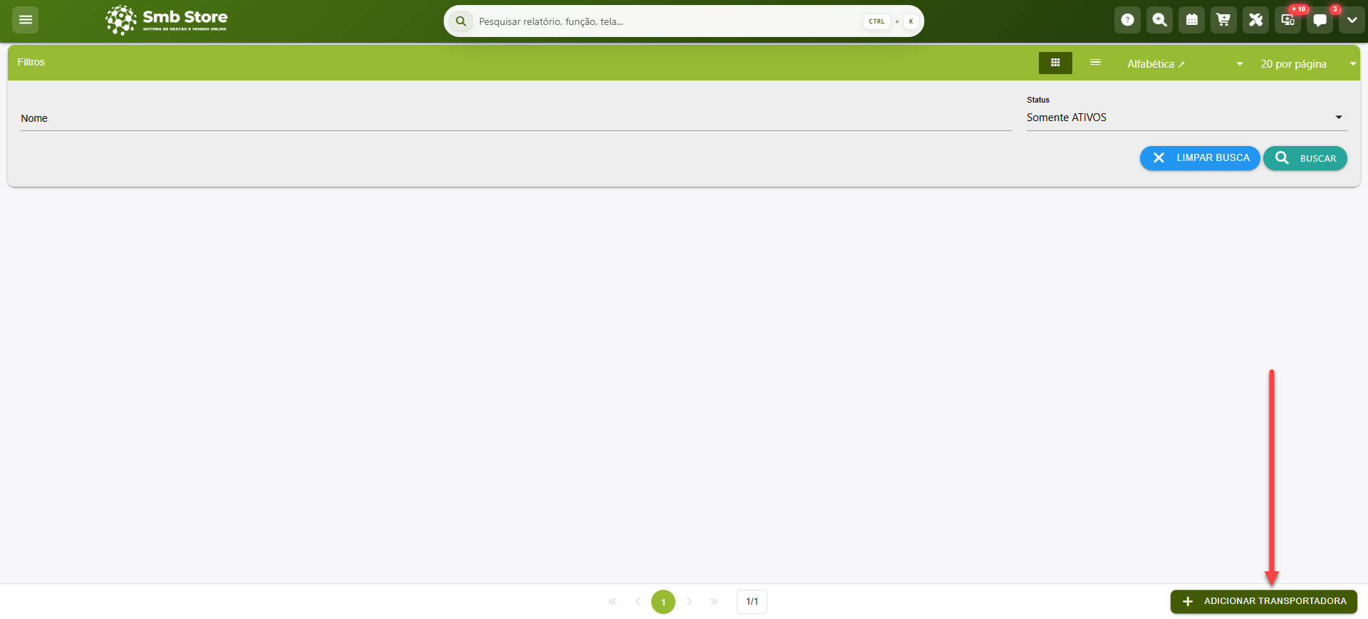 Tela do sistema SMB Store indicando como realizar o cadastro de uma nova transportadora, em Pessoas > Transportadoras.