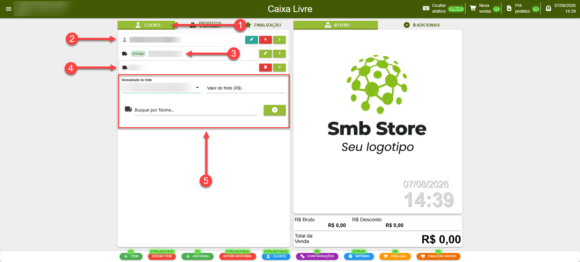 Tela do sistema SMB Store indicando como inserir uma transportadora em um pedido na tela de vendas, em Vendas > Novo pedido.