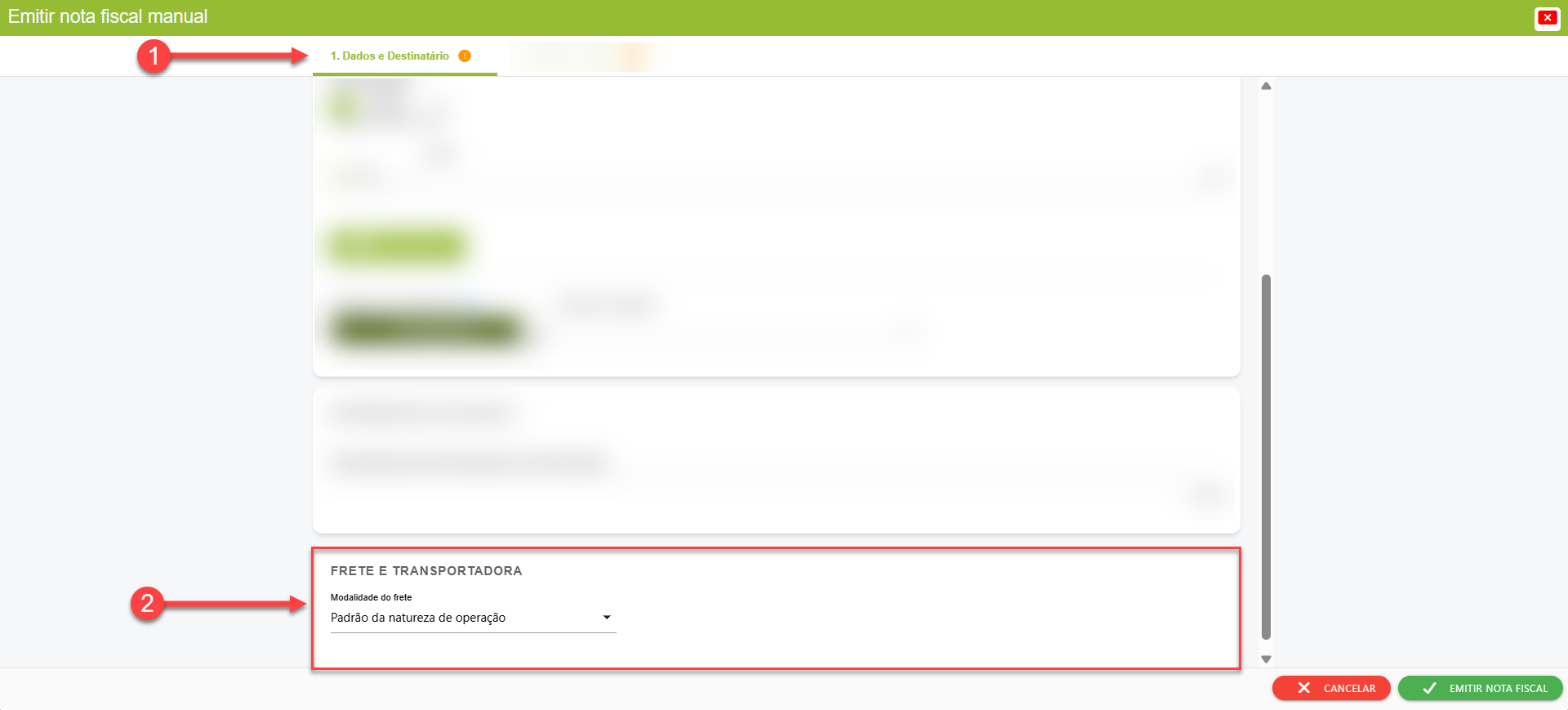 Tela do sistema SMB Store indicando como inserir uma transportadora em uma nota fiscal manual (NF-e), em Módulo Fiscal > NF-e Manual.