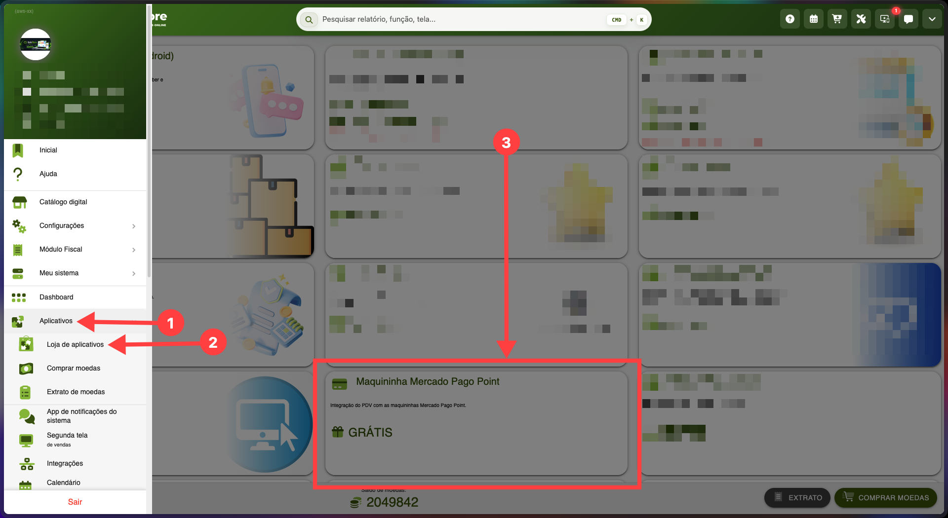 Menu do SMB Online com acesso à Loja de Aplicativos e destaque para o aplicativo Maquininha Mercado Pago Point.