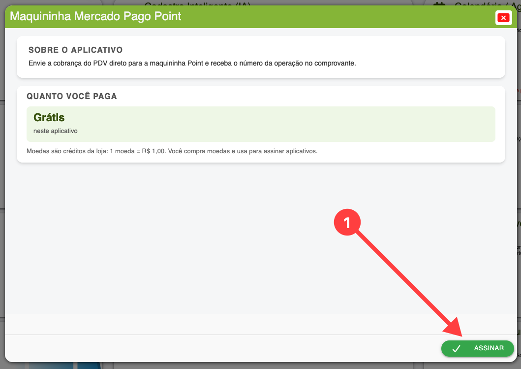 Tela do aplicativo Maquininha Mercado Pago Point no SMB Online, mostrando a opção para assinar e ativar a integração.