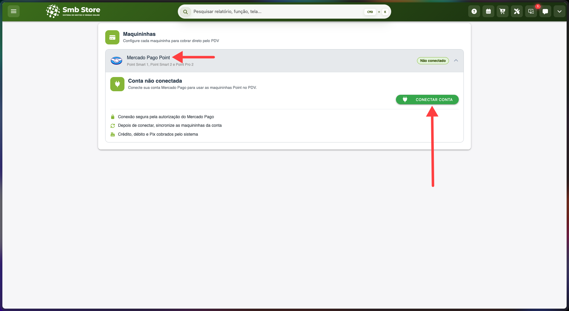 Tela de configuração das maquininhas no SMB Online, com destaque para a integração Mercado Pago Point e a opção Conectar conta