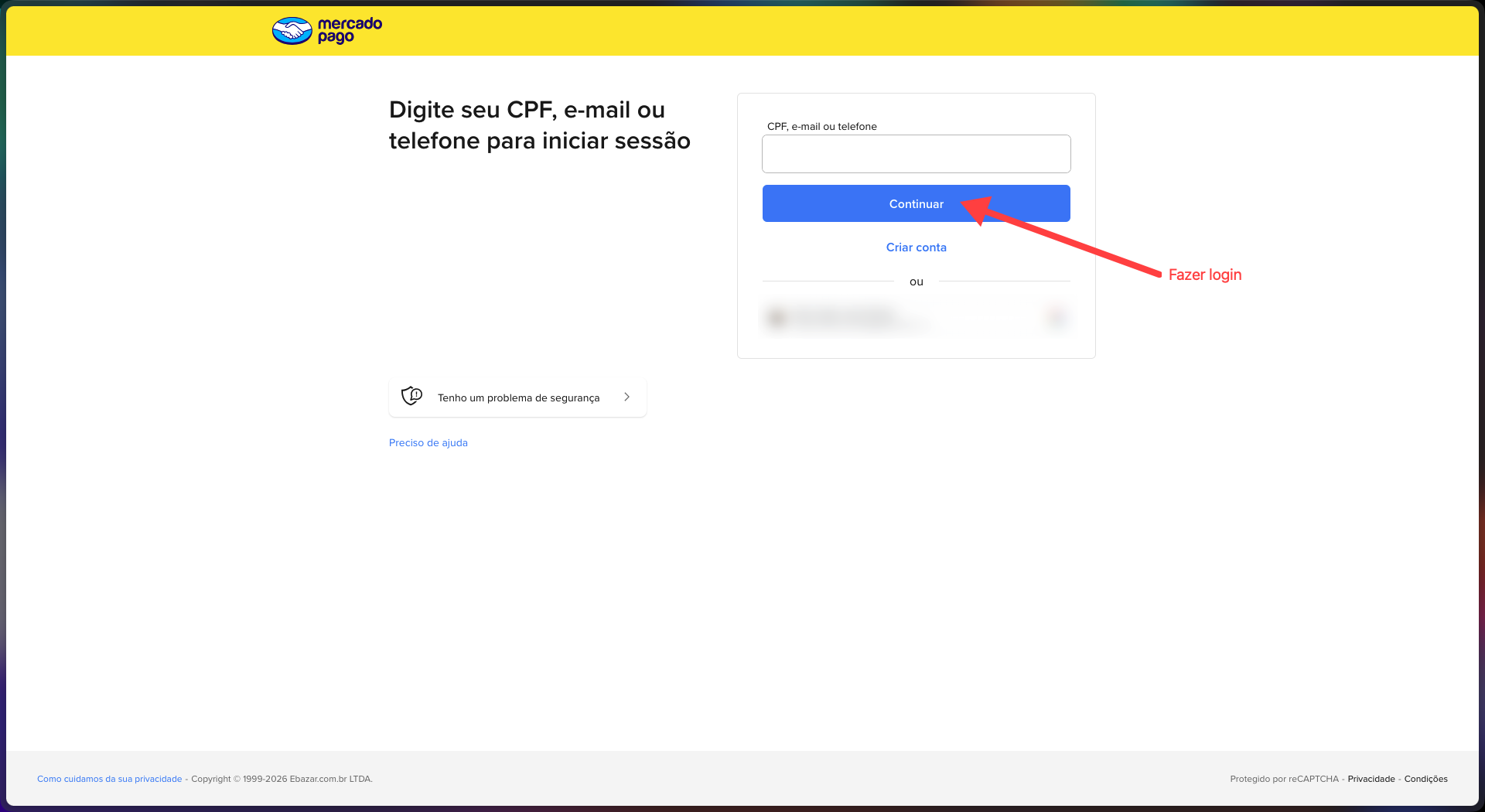 Tela de login do Mercado Pago, onde é necessário informar CPF, e-mail ou telefone para autorizar a conexão da conta com o SMB Online