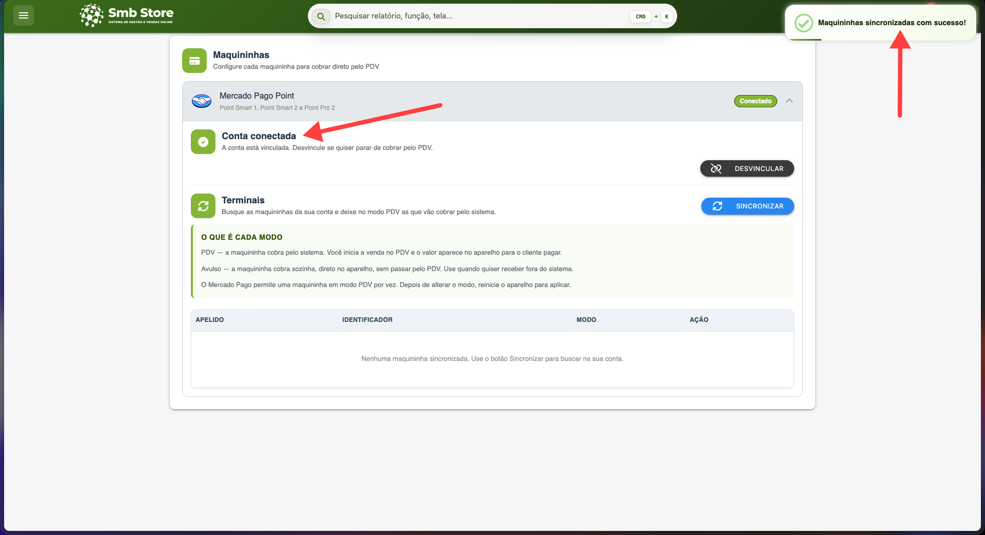 Tela de maquininhas do SMB Online com a conta Mercado Pago conectada e confirmação de que os terminais foram sincronizados com sucesso