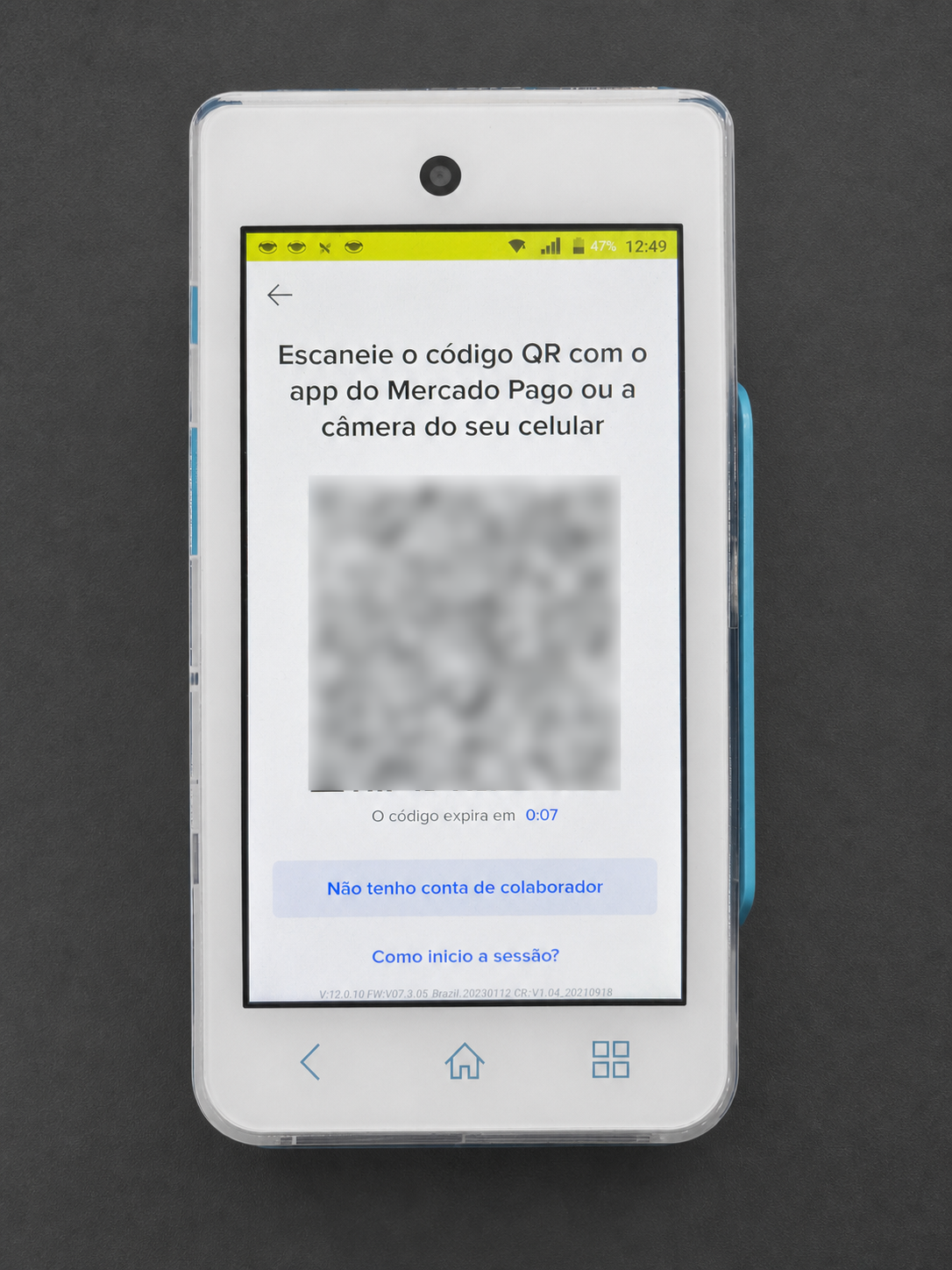 Tela da maquininha Mercado Pago Point Smart exibindo o código QR que deve ser escaneado pelo aplicativo do Mercado Pago ou pela câmera do celular