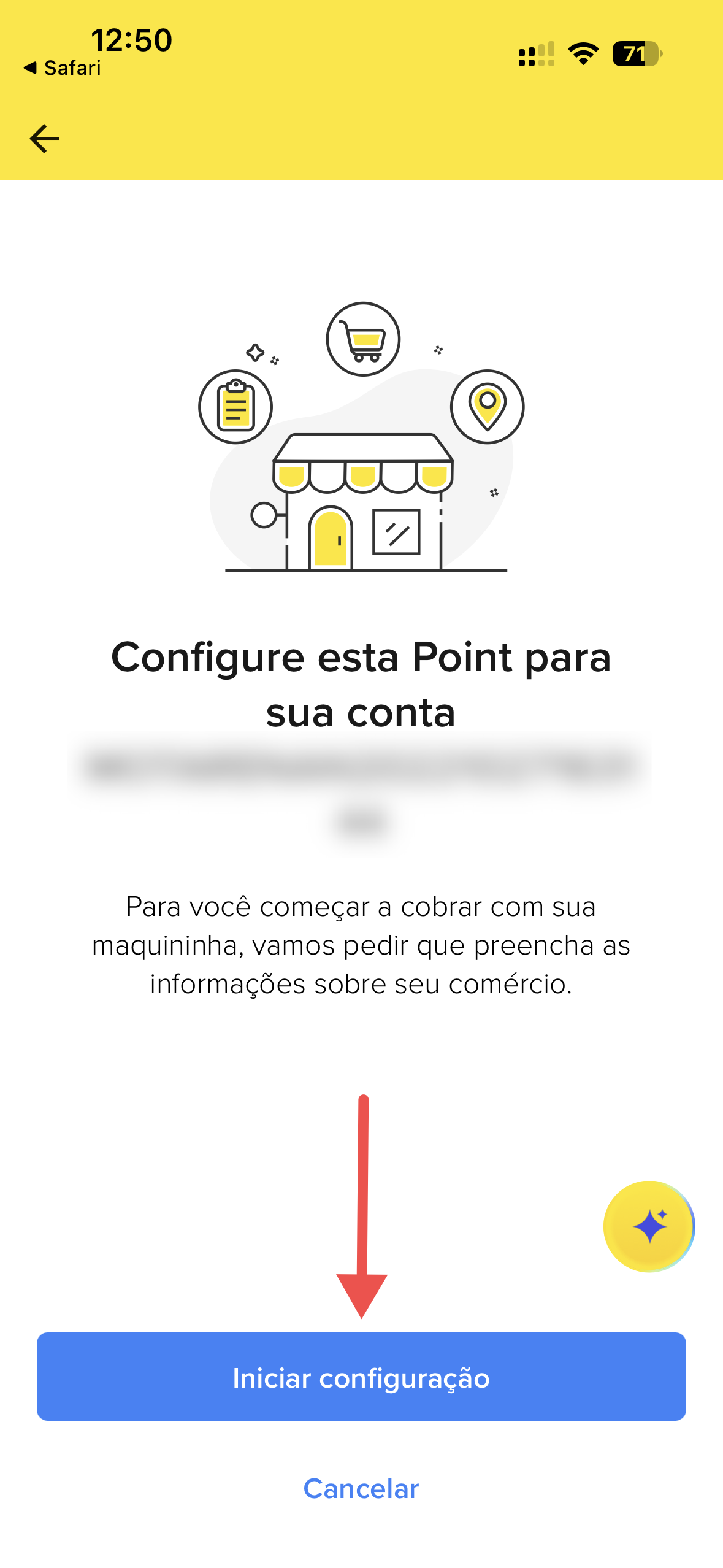 Tela do Mercado Pago no celular para configurar a maquininha Point na conta, com destaque para a opção Iniciar configuração