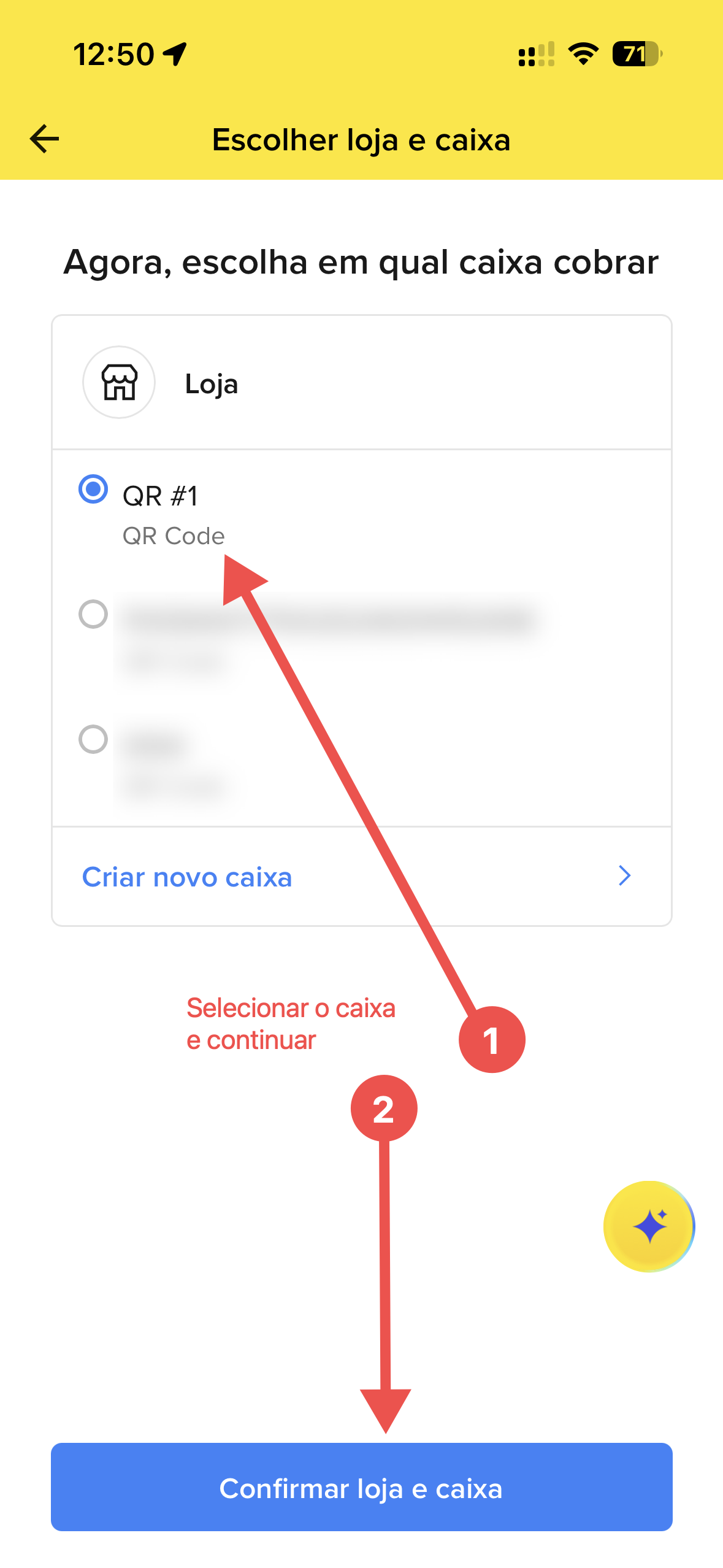 Tela do Mercado Pago para escolher o caixa que será utilizado pela maquininha Point, com destaque para confirmar a loja e o caixa selecionados