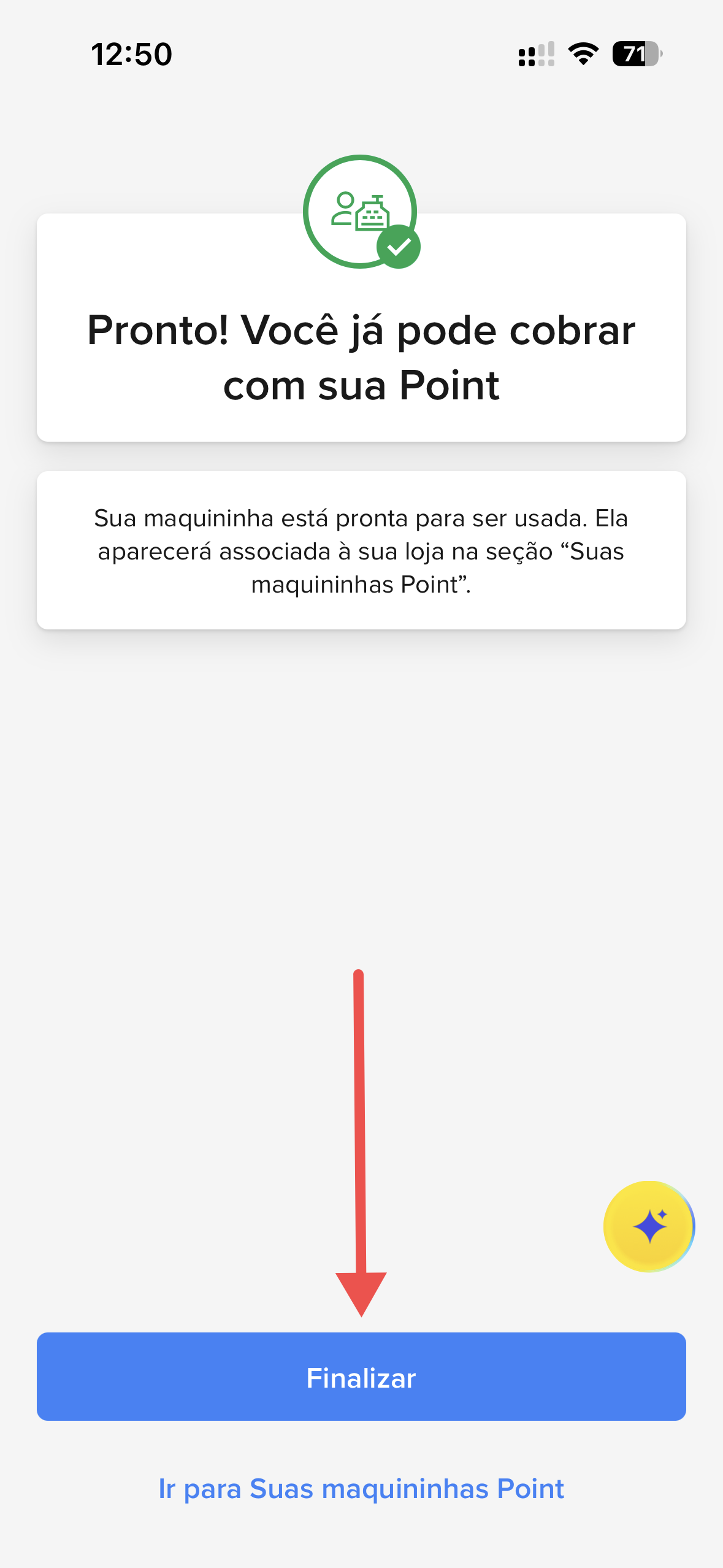 Tela de confirmação do Mercado Pago informando que a maquininha Point está pronta para uso, com destaque para a opção Finalizar