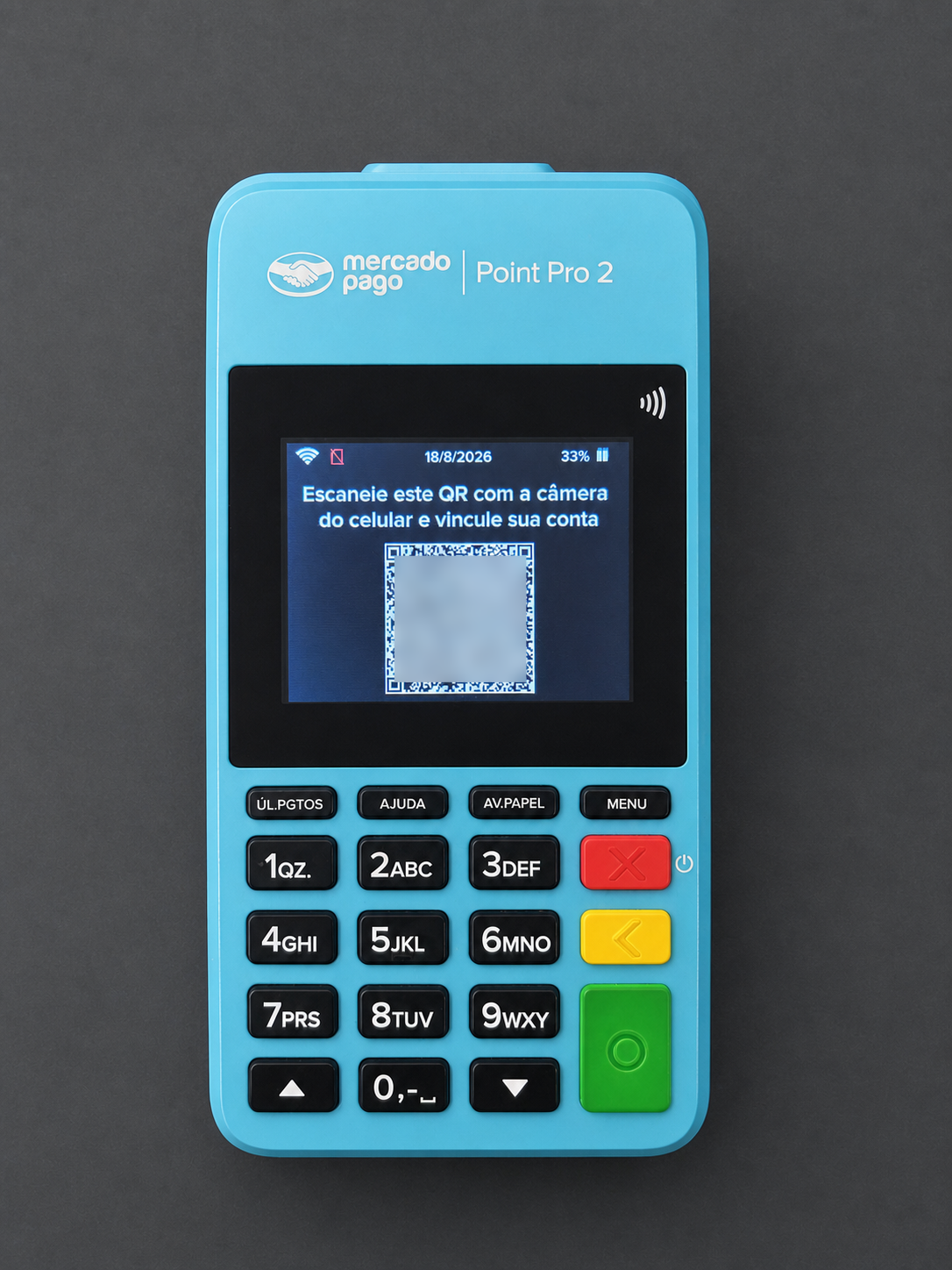 Maquininha Mercado Pago Point Pro 2 exibindo o código QR para vincular o aparelho à conta pelo celular