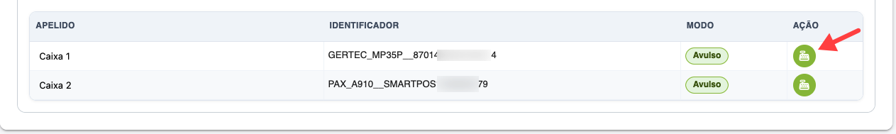 Lista de terminais Mercado Pago no SMB Online, com destaque para a opção de alterar o modo de funcionamento da maquininha selecionada