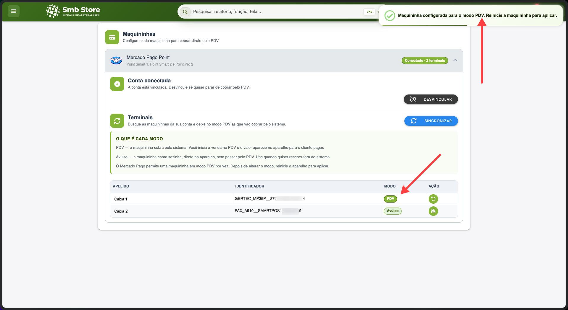 Tela do SMB Online mostrando a maquininha alterada para o modo PDV e a mensagem orientando reiniciar o aparelho para aplicar a configuração