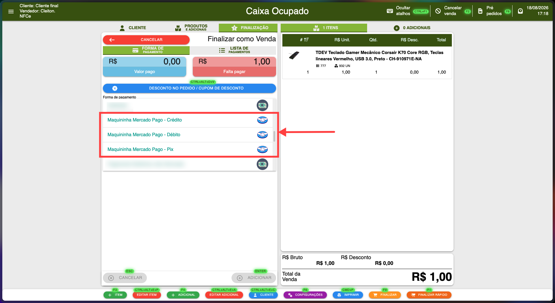 Tela de finalização da venda no SMB Online, mostrando as formas de pagamento Maquininha Mercado Pago em Crédito, Débito e Pix para selecionar a cobrança