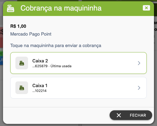 Janela de cobrança na maquininha no SMB Online, mostrando os terminais disponíveis para escolher em qual caixa Mercado Pago Point enviar o pagamento