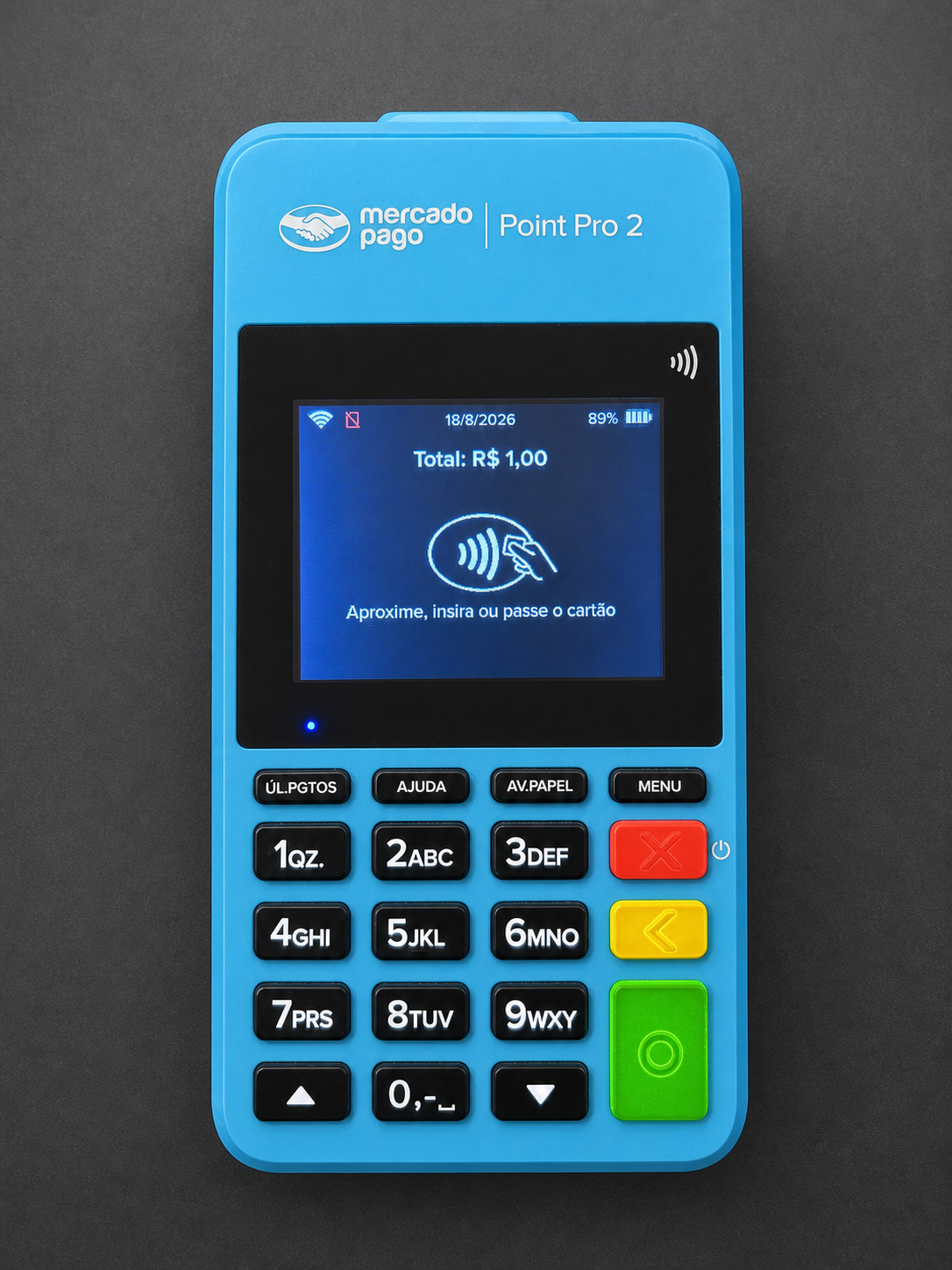 Maquininha Mercado Pago Point Pro 2 exibindo o valor da venda e as opções para aproximar, inserir ou passar o cartão