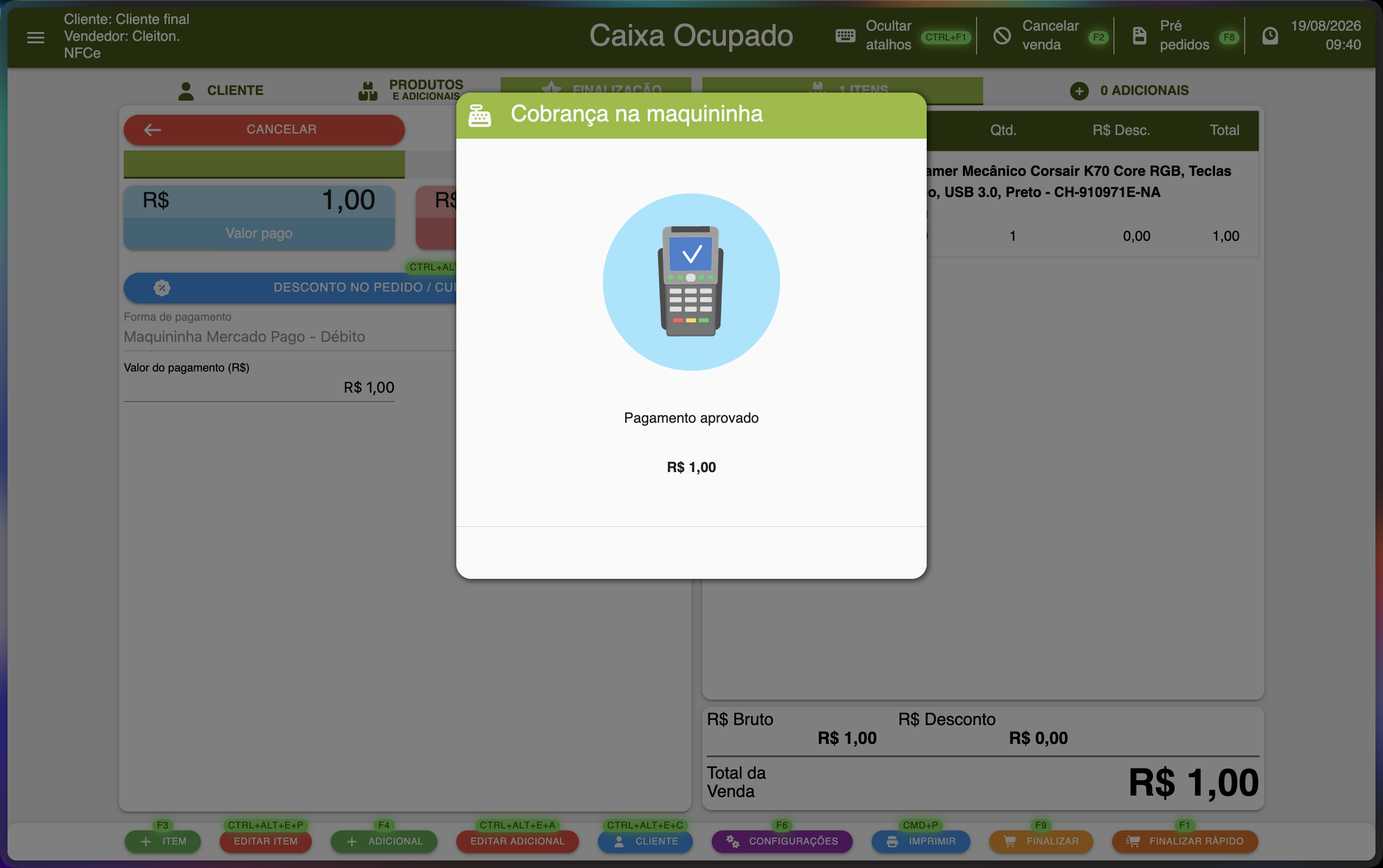 Tela do SMB Online confirmando que o pagamento pela maquininha Mercado Pago Point foi aprovado no valor informado