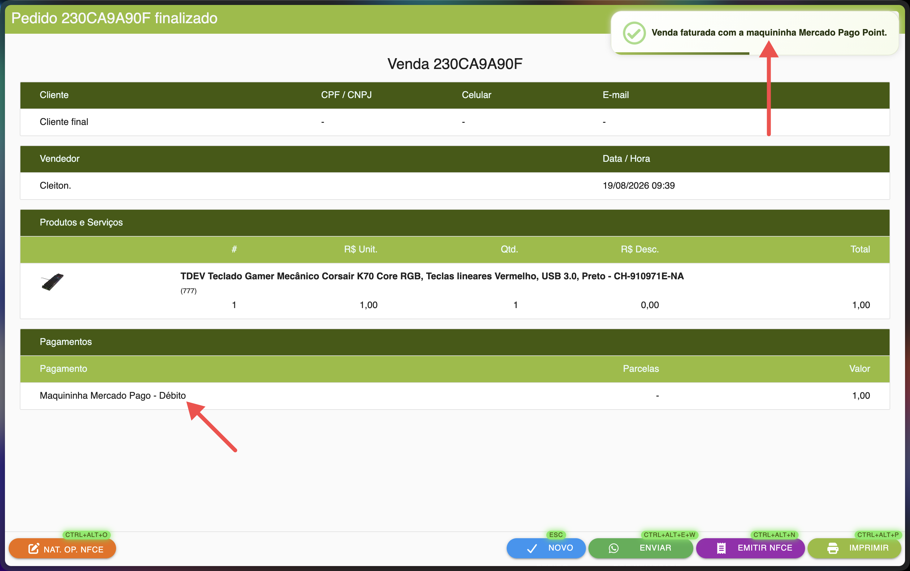 Tela de venda finalizada no SMB Online, mostrando a forma de pagamento Maquininha Mercado Pago Débito e a confirmação de faturamento pela Point