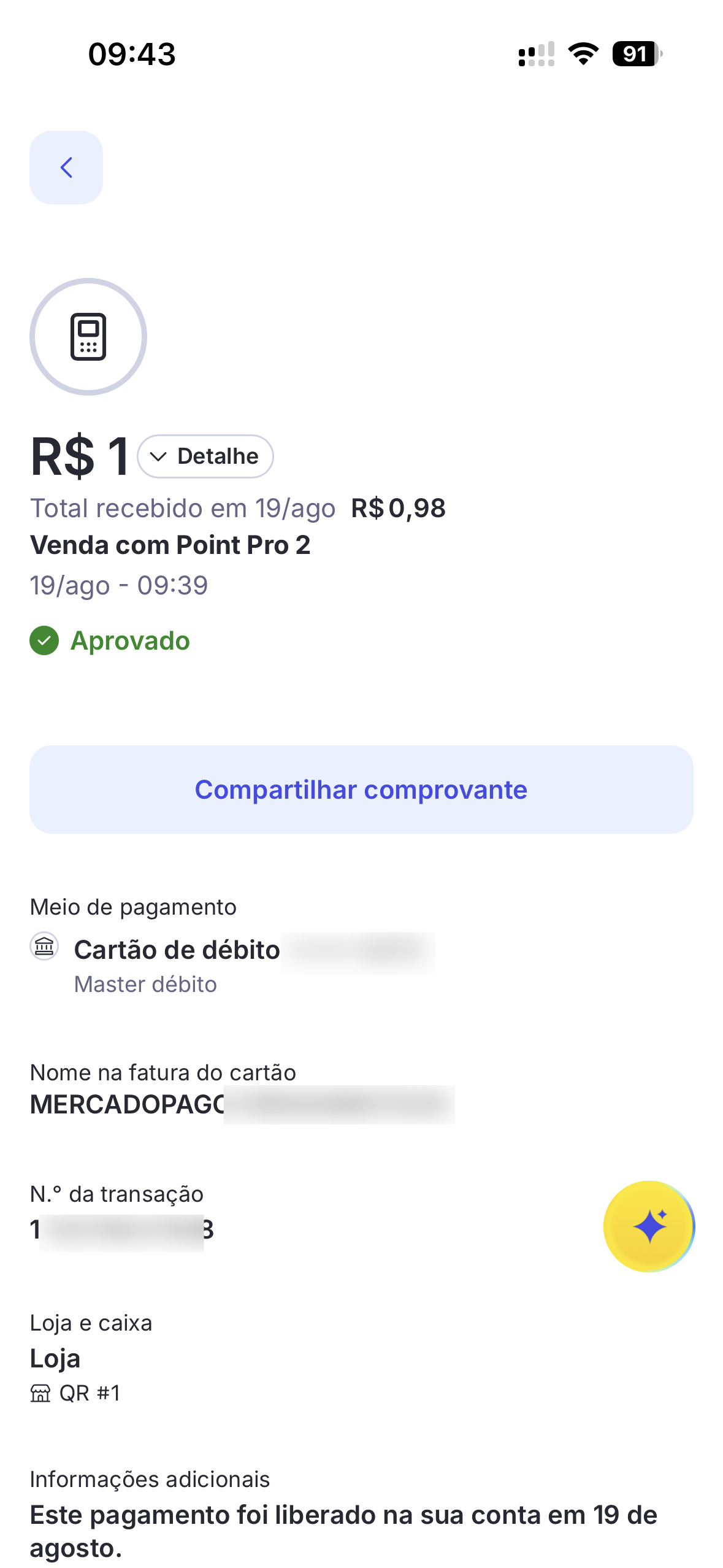 Detalhes da venda no aplicativo Mercado Pago, mostrando o pagamento aprovado pela Point Pro 2, o valor recebido e a forma de pagamento no cartão de débito