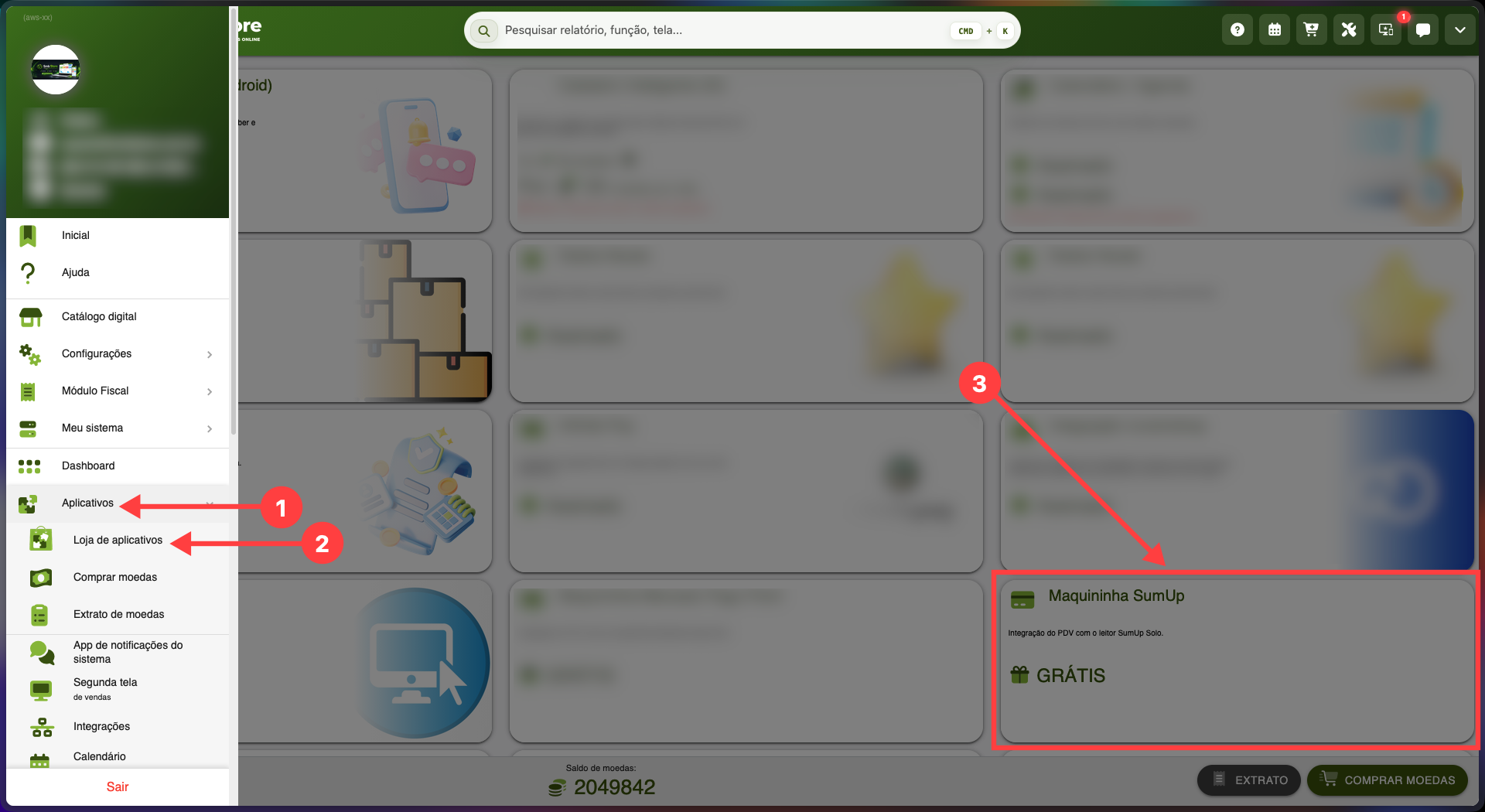 Menu do SMB Online com acesso à Loja de Aplicativos e destaque para o aplicativo Maquininha SumUp