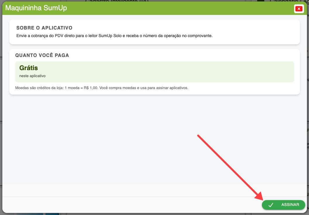Tela do aplicativo Maquininha SumUp no SMB Online, mostrando a opção para assinar e ativar gratuitamente a integração