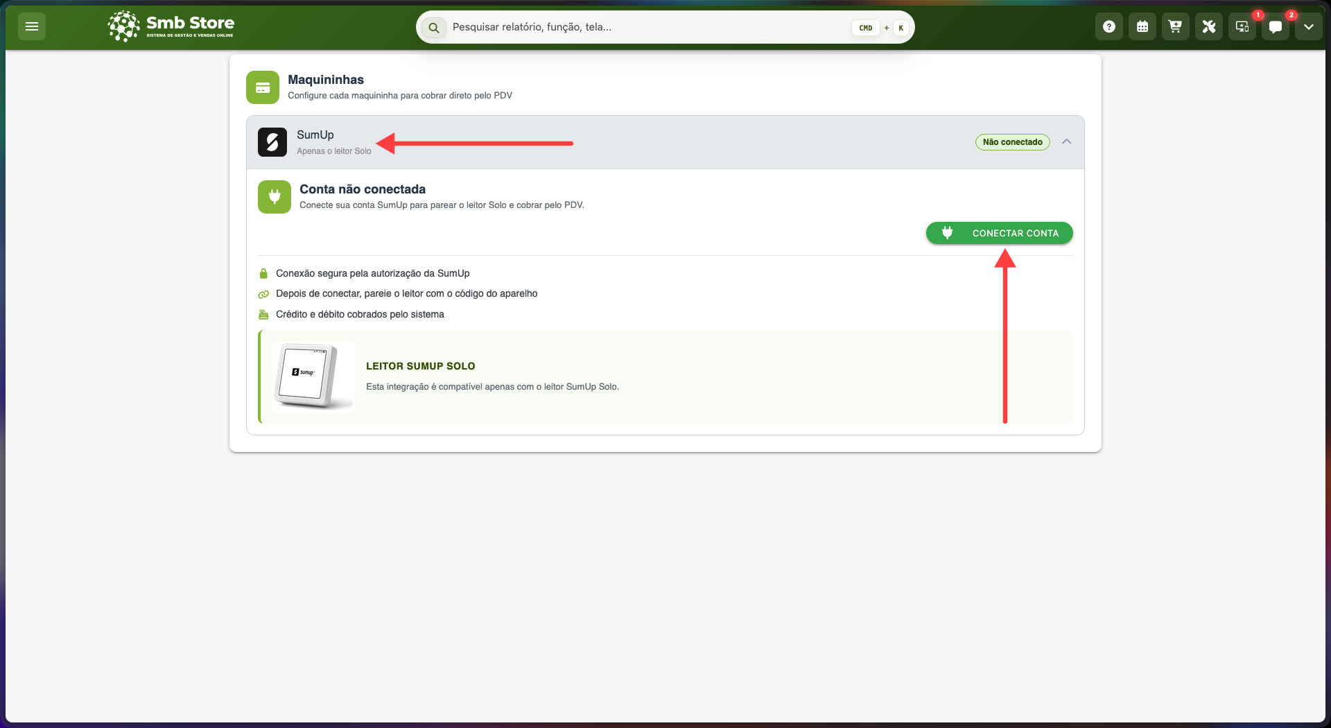 Tela de configuração da SumUp no SMB Online, mostrando a conta ainda não conectada e a opção Conectar conta