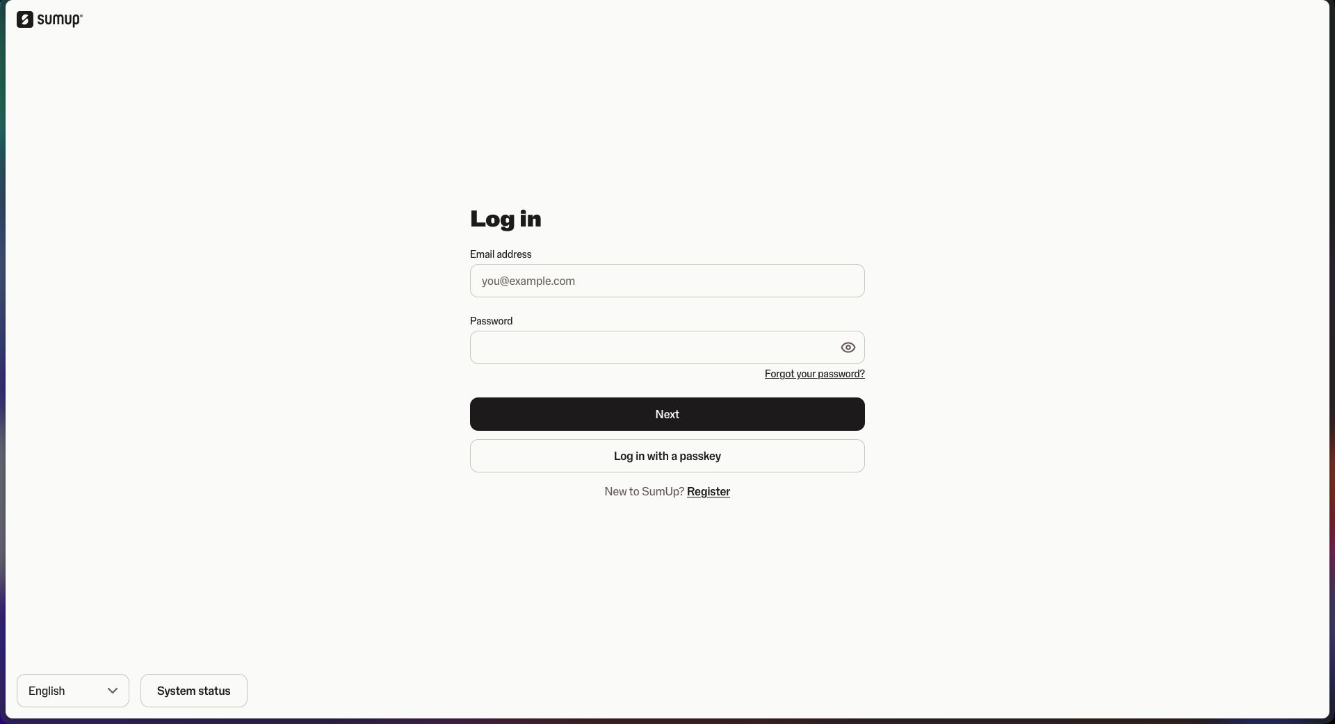 Tela de login da SumUp para informar e-mail e senha e autorizar a conexão da conta com o SMB Online
