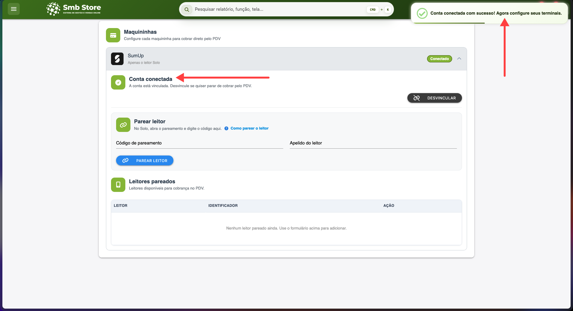 Tela do SMB Online confirmando que a conta SumUp foi conectada com sucesso e liberando a área para parear o leitor Solo