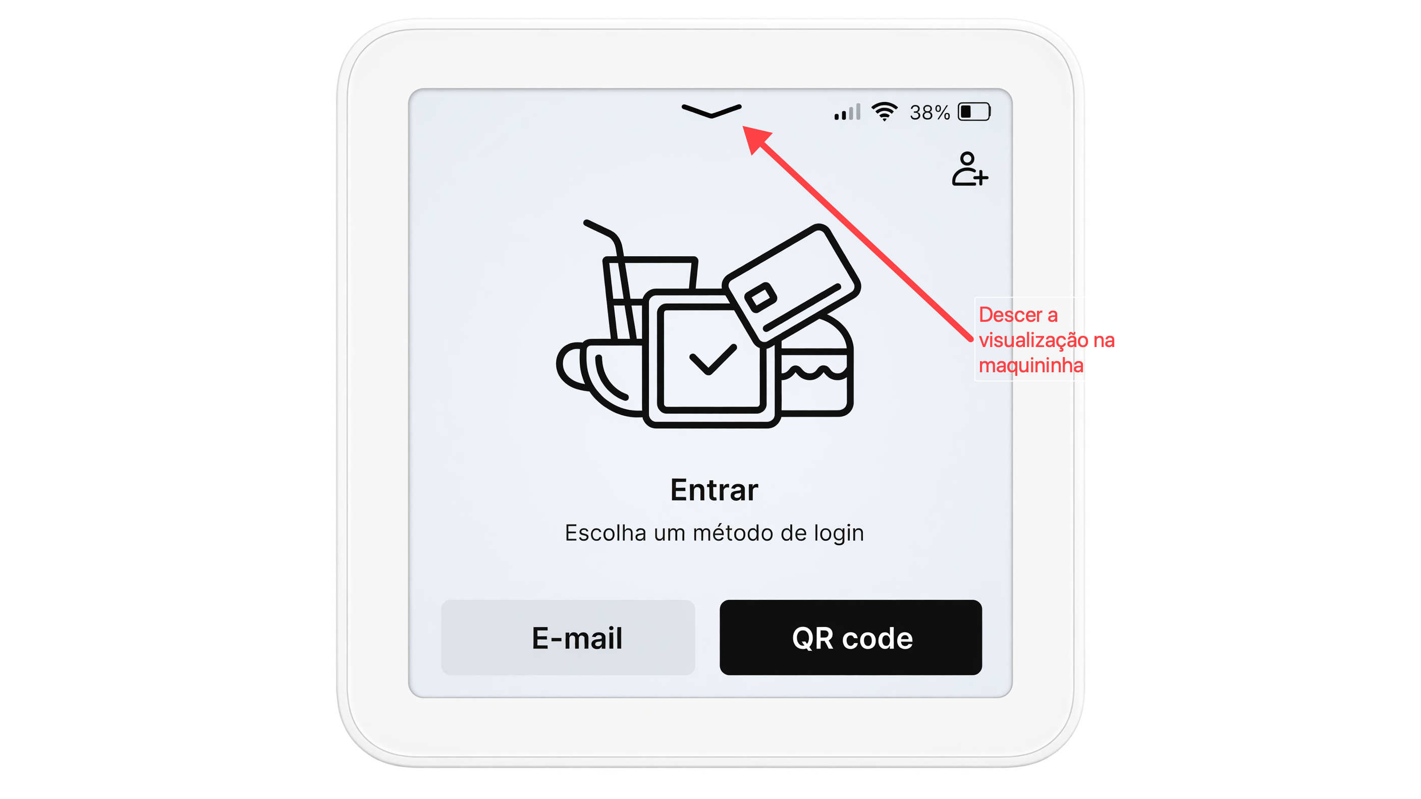 Tela inicial da maquininha SumUp Solo com destaque para deslizar a visualização para baixo e acessar as opções do aparelho