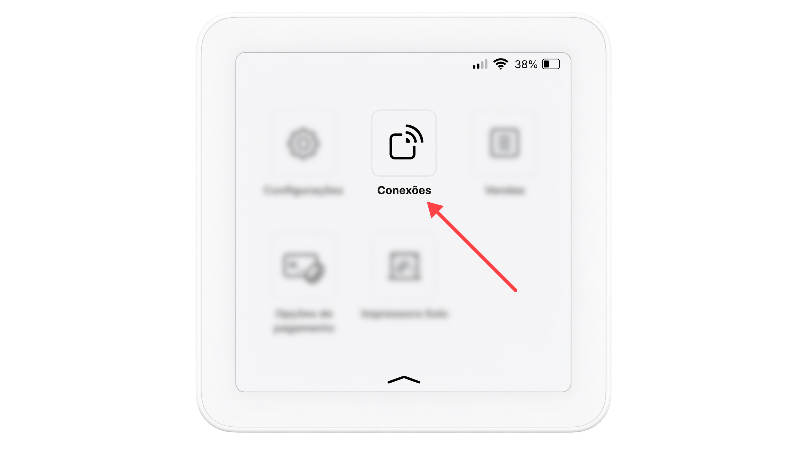 Menu da maquininha SumUp Solo com destaque para a opção Conexões, utilizada para acessar as configurações de integração