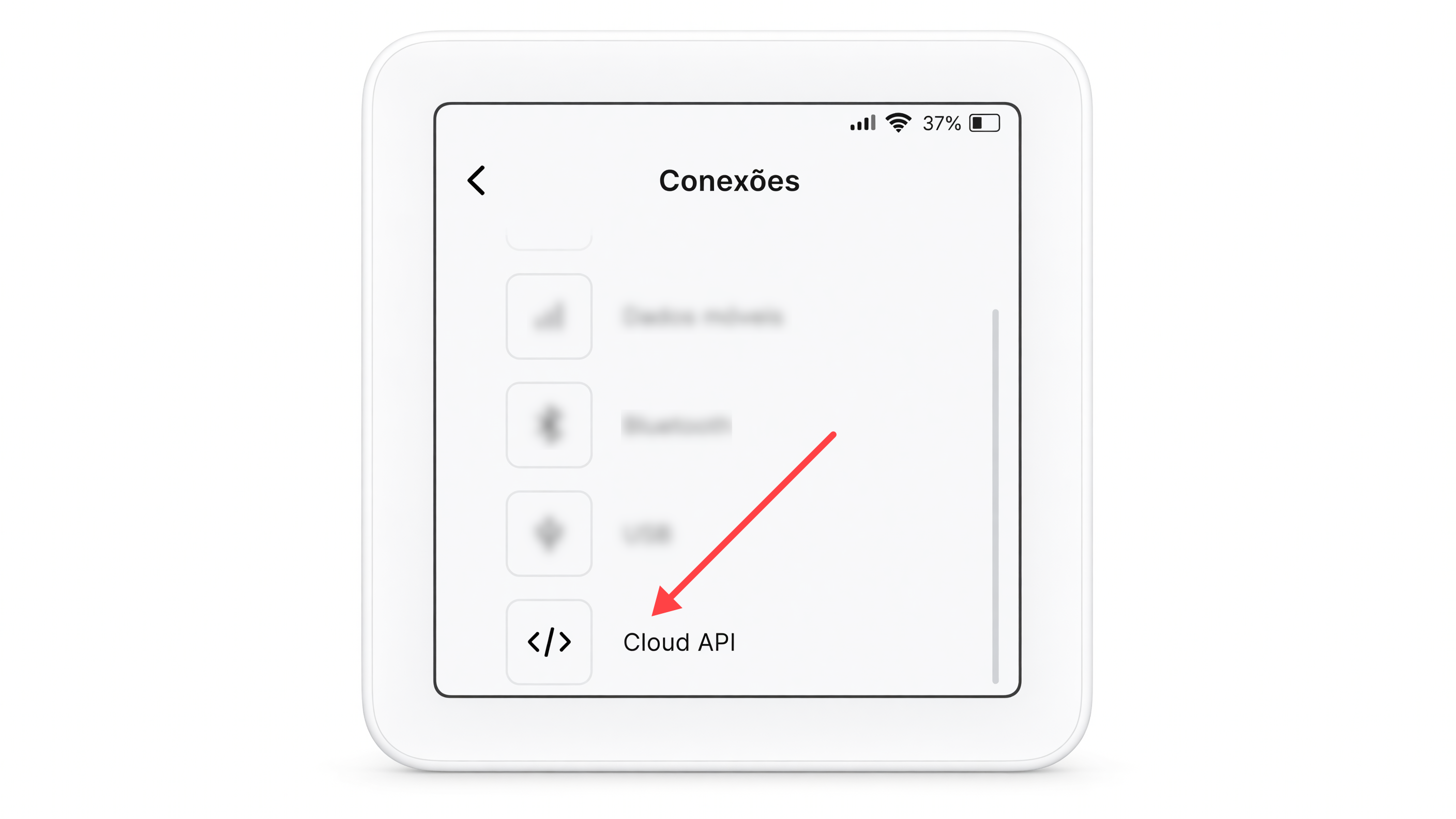 Tela de Conexões da maquininha SumUp Solo com destaque para a opção Cloud API