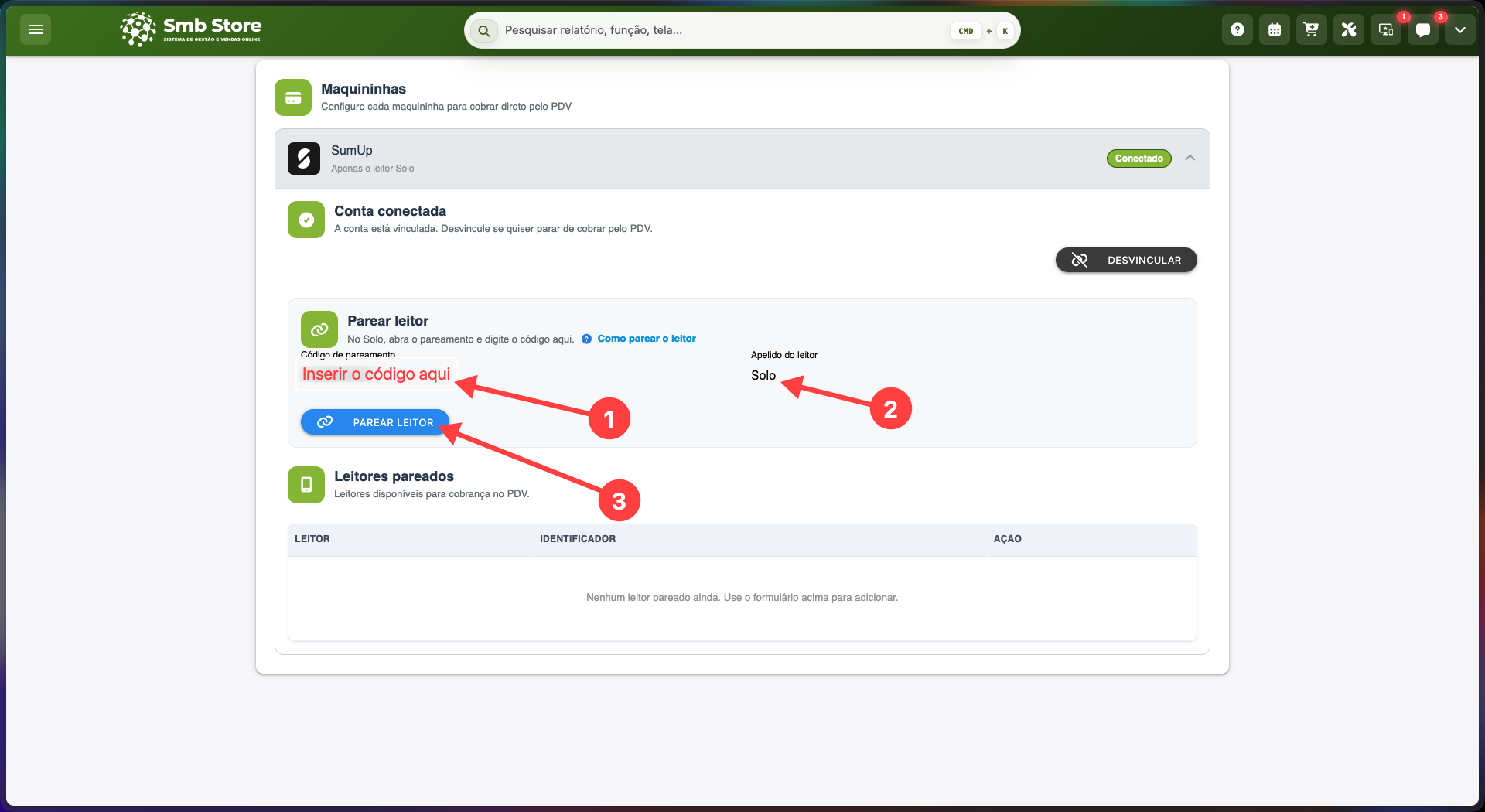 Tela de pareamento no SMB Online mostrando os campos para inserir o código da SumUp Solo, definir um apelido para o leitor e selecionar Parear leitor