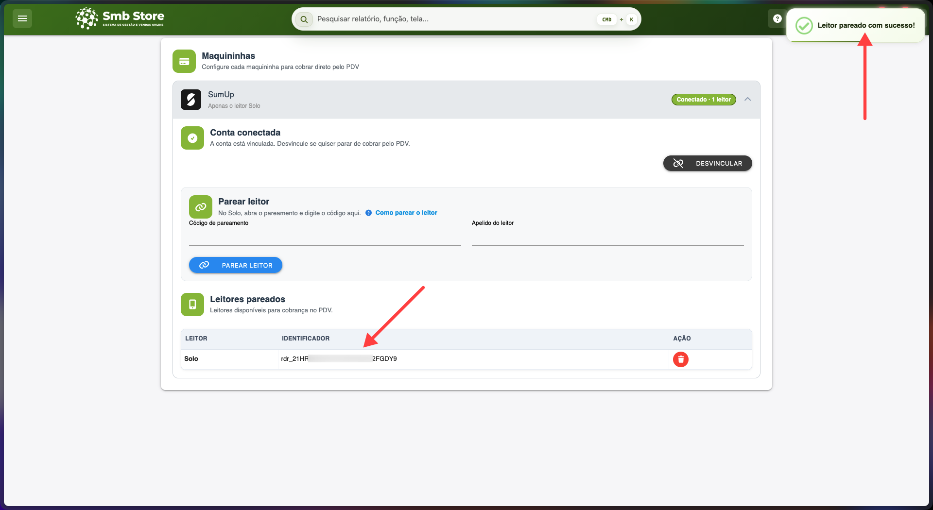 Tela do SMB Online confirmando que a SumUp Solo foi pareada com sucesso e mostrando o leitor na lista de dispositivos disponíveis