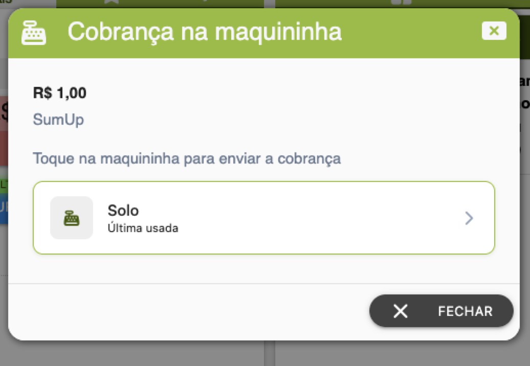 Janela de cobrança na maquininha no SMB Online, mostrando o leitor SumUp Solo disponível para receber o pagamento