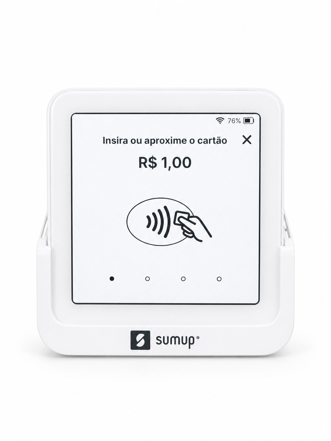 Tela da maquininha SumUp Solo exibindo o valor da venda e orientando o cliente a inserir ou aproximar o cartão