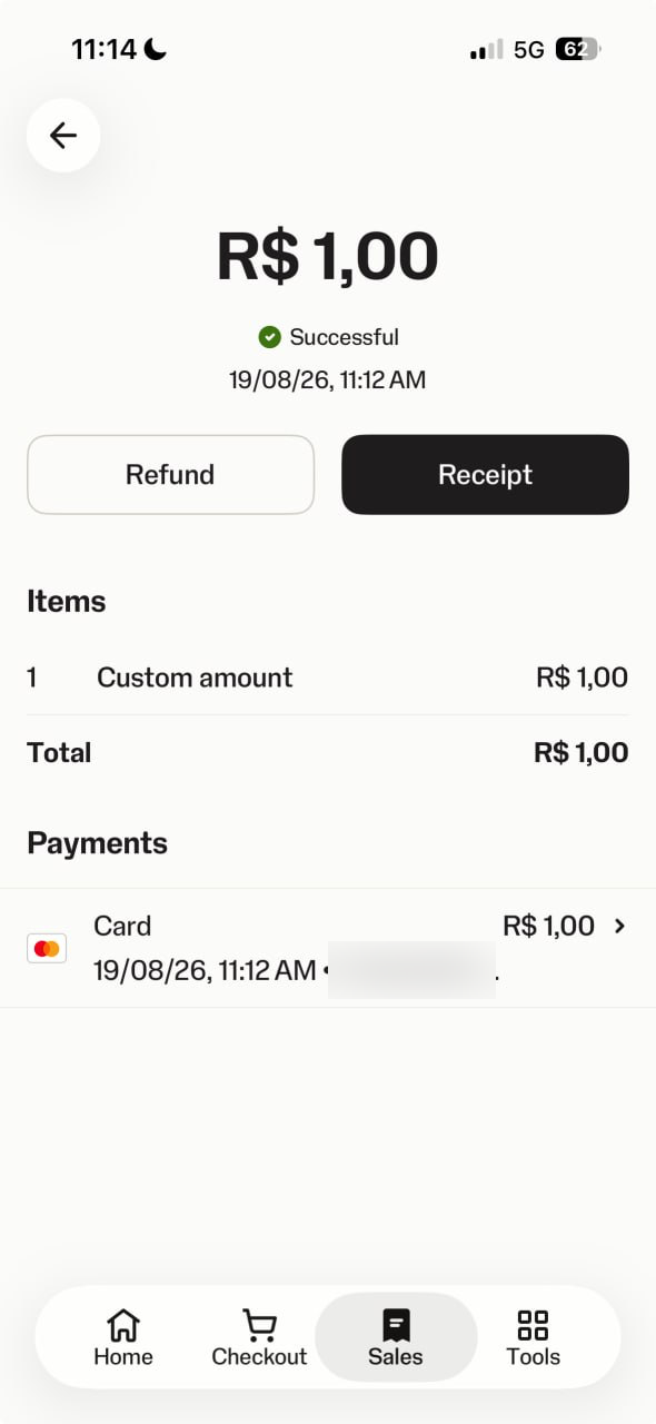 Tela do aplicativo SumUp com os detalhes da venda aprovada, mostrando o valor recebido e o pagamento realizado com cartão