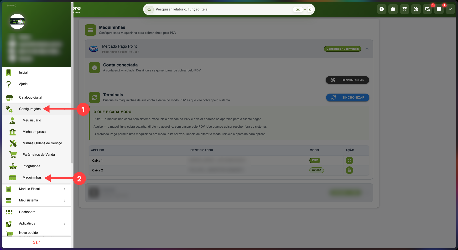 Menu do SMB Online com acesso à opção Maquininhas dentro de Configurações, onde é feita a configuração da integração com o Mercado Pago Point