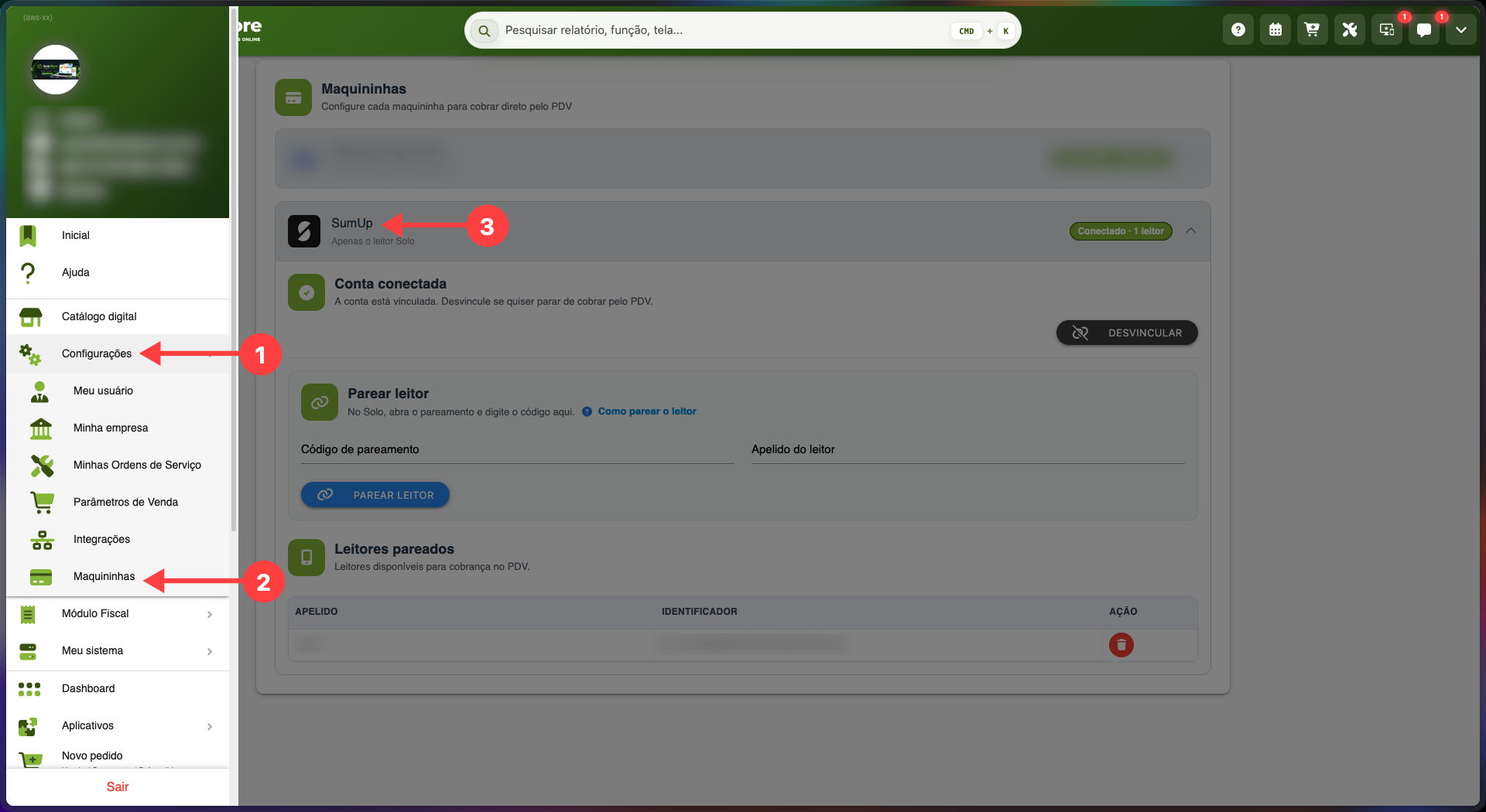Menu do SMB Online com acesso à opção Maquininhas dentro de Configurações, onde é feita a configuração da integração com a SumUp
