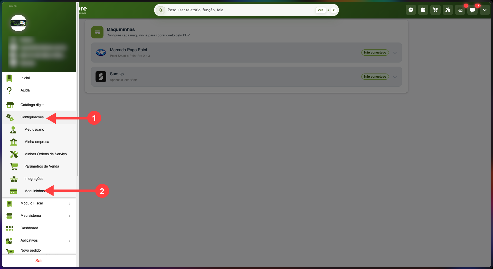 Menu do SMB Online com acesso à opção Maquininhas dentro de Configurações, onde é feita a configuração da integração com o Mercado Pago Point
