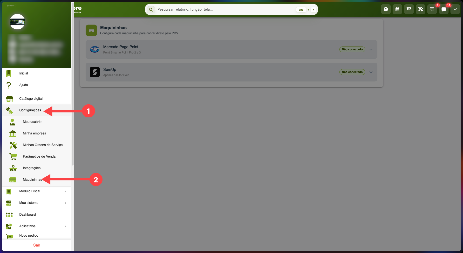 Menu do SMB Online com acesso à opção Maquininhas dentro de Configurações, onde é feita a configuração da integração com a Sumup