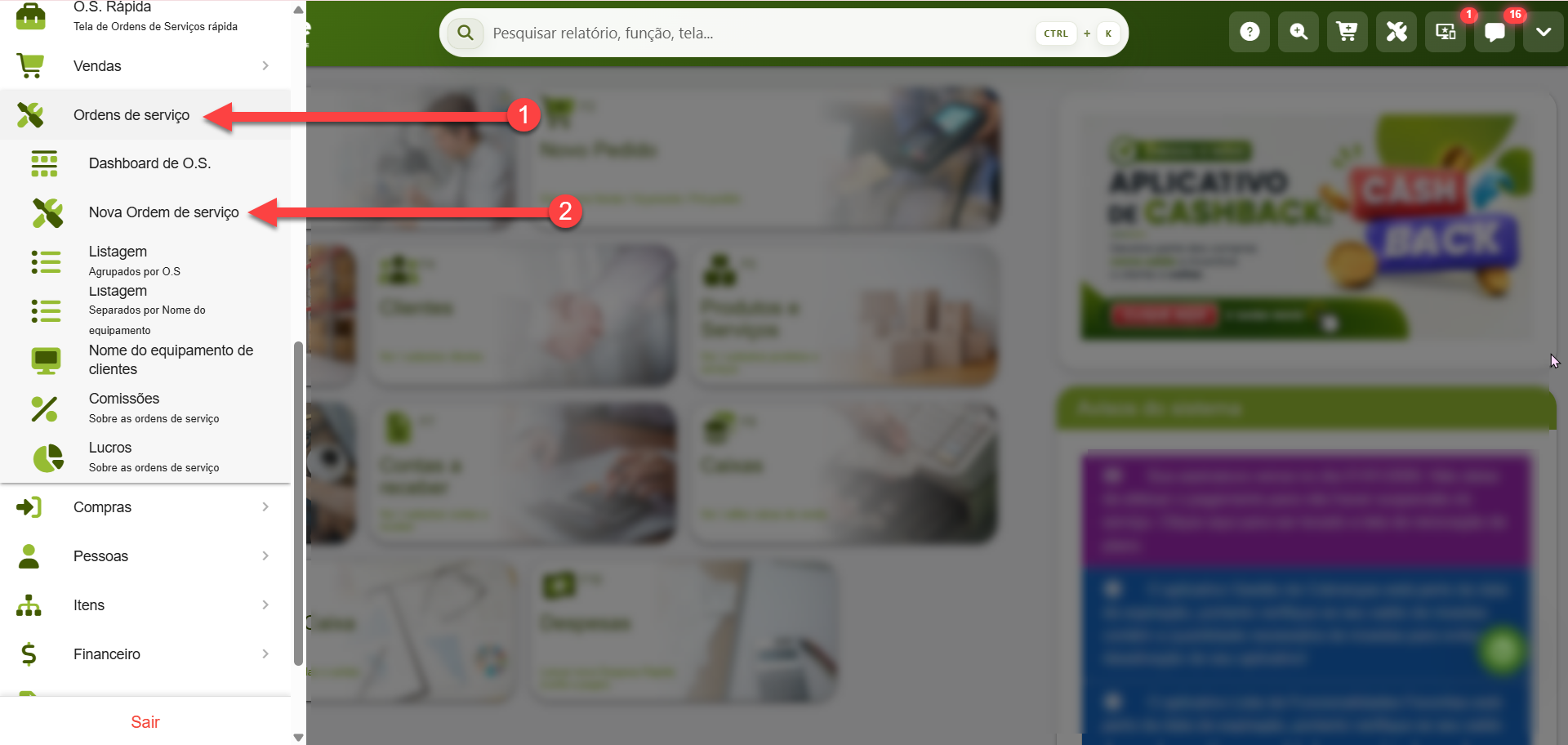 Menu lateral do SMB Store Online com a seção “Ordens de serviço” expandida, mostrando opção "Nova Ordem de Serviço" destacada.