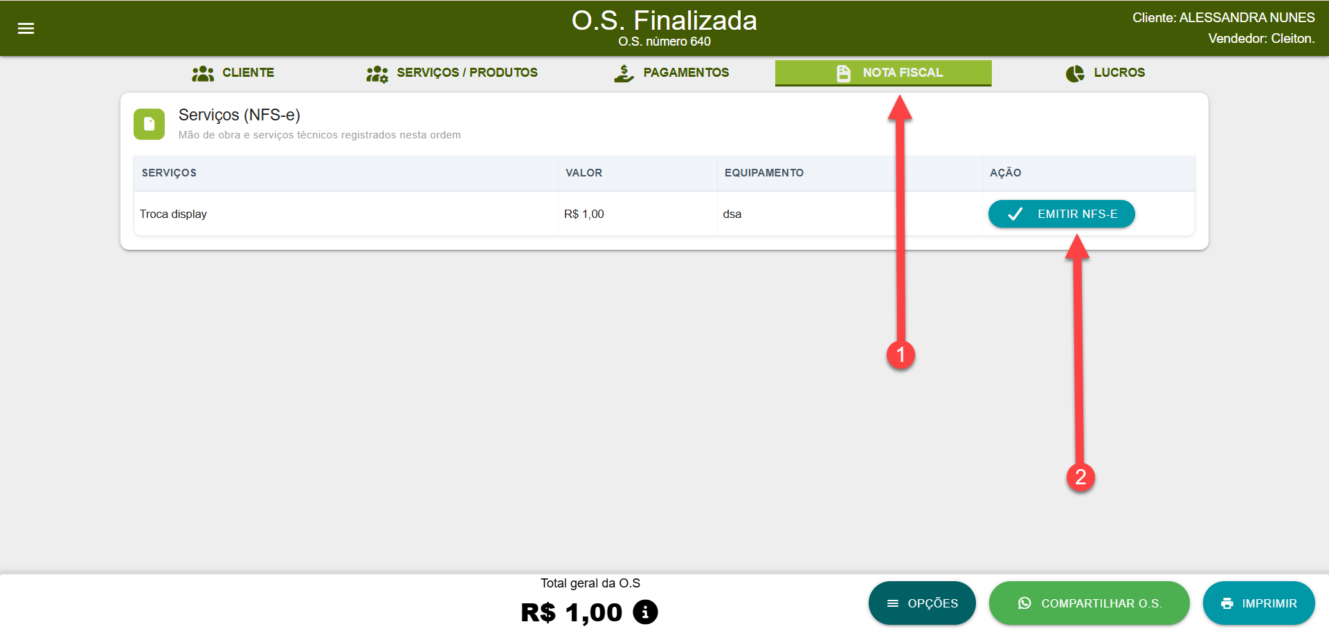 Tela de Ordem de Serviço finalizada no SMB Store Online, mostrando a aba de Nota Fiscal com o serviço cadastrado e a opção “Emitir NFS-e” para gerar a nota fiscal de serviço eletrônica.