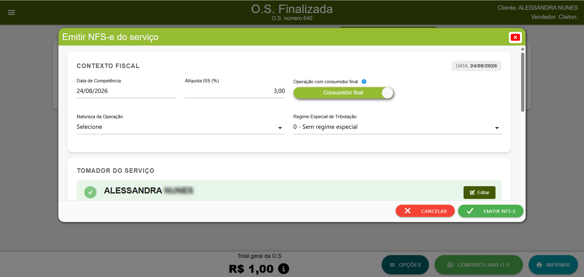 Tela de emissão de NFS-e do serviço no SMB Store Online, apresentando as informações do contexto fiscal, como data de competência, alíquota ISS, natureza da operação, regime especial de tributação e dados do tomador do serviço antes da emissão da nota fiscal.