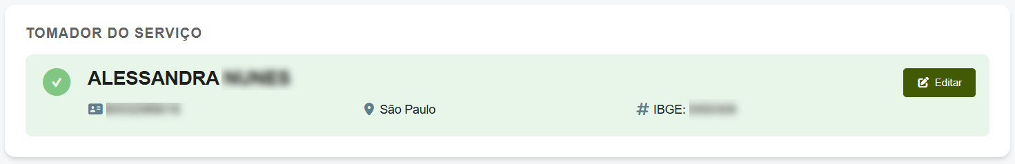 Tela de identificação do tomador do serviço na emissão da NFS-e pelo SMB Store Online, exibindo os dados do cliente selecionado, localização e opção para editar as informações cadastrais antes da emissão da nota fiscal.